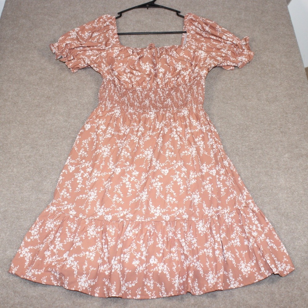 Floral Puff Sleeve Smocked Mini Dress Pink Cottagecore Ruffle Hem Small